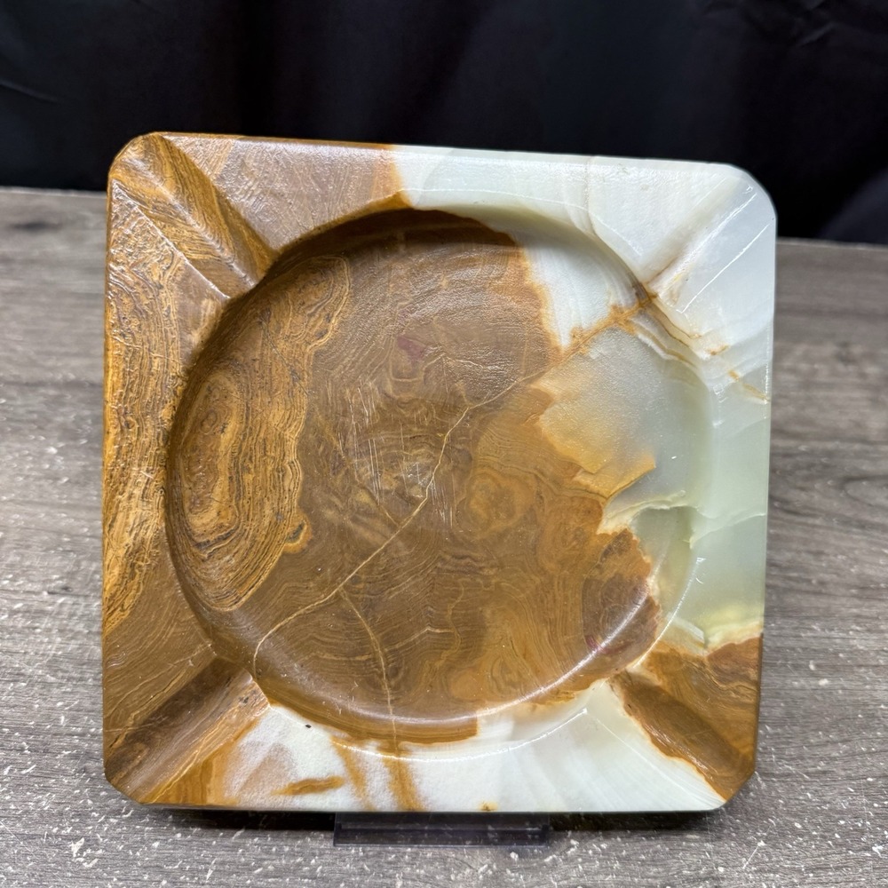 Vtg Onyx Stone Ashtray 6.75in Honey Swirl Marble MCM Catchall Valet Tray Mexico